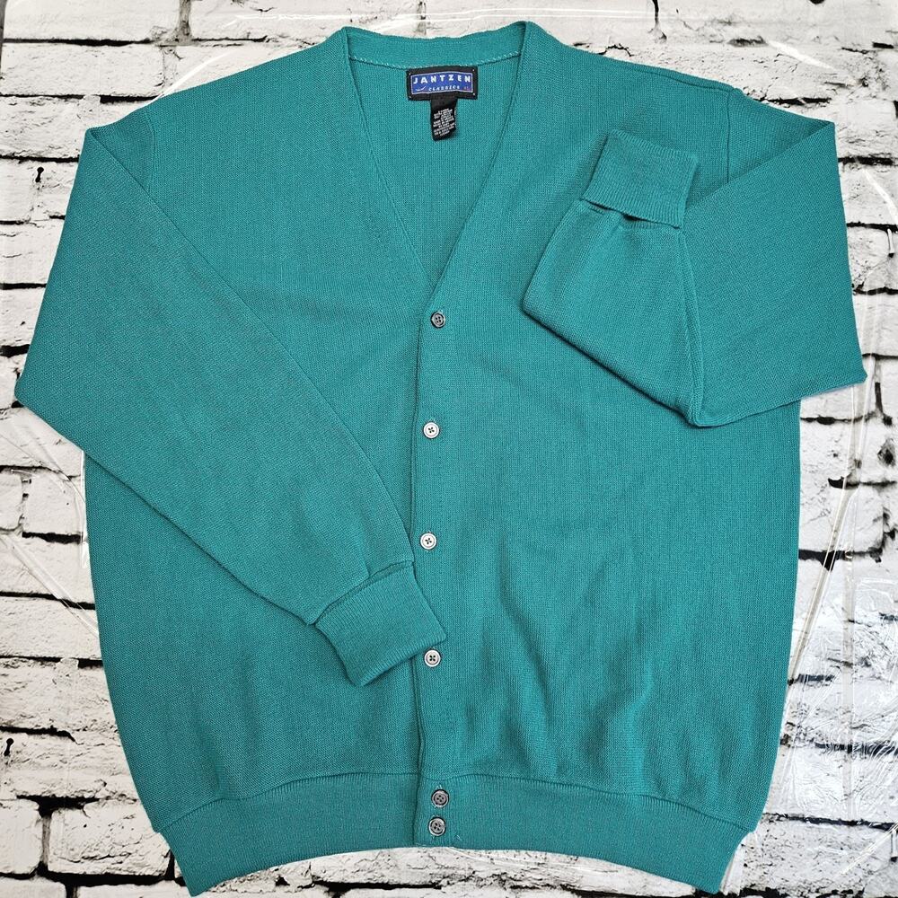 Vintage Jantzen Classics Mens XL Teal Cardigan Sweater V Neck Button Grandpa 80s